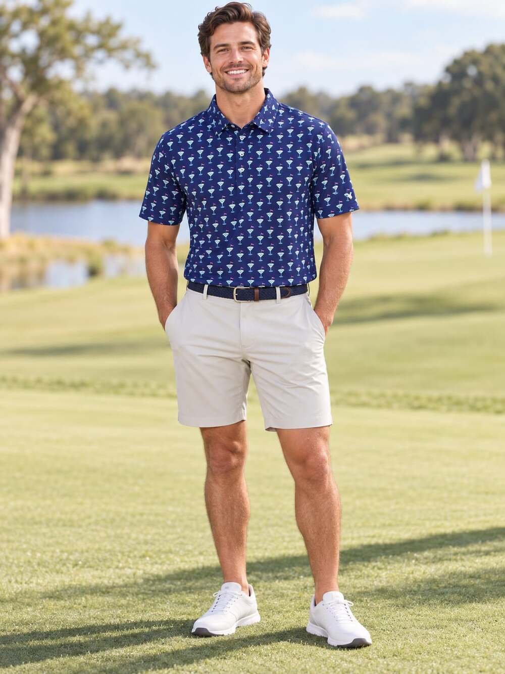 Birdie Bound Martini Print Golf Polo Shirt XL Blue Performance Stretch